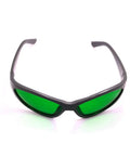 All American Heavy Duty Laser Safety Glasses With Killer Eye Protection For High Power Red And Infrared Diode Beams Wide 631 To 1100 Nanometer Range clear lens in black frame with green lenses.
