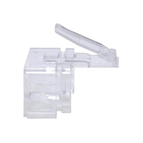 Side view of clear RJ45 Easy Plug Repair Clips For Cat5e And Cat6 Cables Clear Replacement, restores insertion and removal in pack of 50.