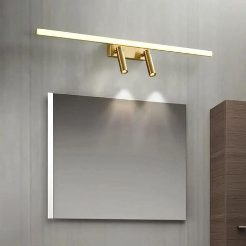 Brass Vanity Light With Adjustable LED Spotlights For Makeup Mirror, 56cm, over mirror cabinet in bathroom setting, soft uniform glow