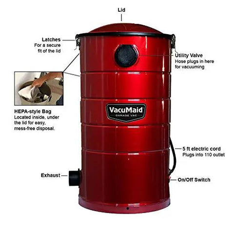 Pro Wall Mount Garage And Car Vacuum With 50 Ft Hose And Tools, Heavy Duty Galvannealed Steel, showing features like HEPA style bag and utility valve