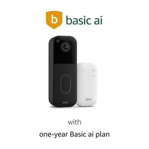 Second Gen Smart Video Doorbell With Head To Toe HD View And Two Year Battery Life Includes Sync Module Core Plus One Year AI Plan For Crisp Clips And No Sweat Plug And Play Setup Straight From The Box Black next to white sync module.