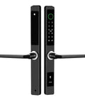 Heavy Duty Waterproof Smart Fingerprint Door Lock For Outdoor Push And Pull Sliders Providing Tight Security And Hassle Free App Remote Keyless Entry That Runs Smooth, sleek black design with touchpad.