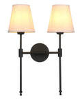 Classic Rustic Double Wall Sconce Lighting Fixture With Flared White Textile Shade And Black Long Arm For Bedroom Bathroom And Hallway