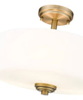 Three Light Matte Opal Glass Semi Flush Mount in Heritage Brass Finish with Deep Round Shade, Elegant Modern Fixture