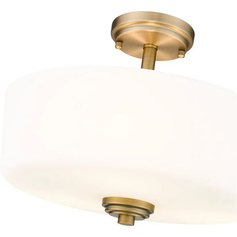 Three Light Matte Opal Glass Semi Flush Mount in Heritage Brass Finish with Deep Round Shade, Elegant Modern Fixture