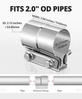Close-up of EVIL ENERGY stainless steel 2-inch exhaust clamp, lap-joint band for pipes and mufflers, 1-piece