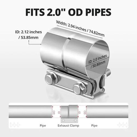Close-up of EVIL ENERGY stainless steel 2-inch exhaust clamp, lap-joint band for pipes and mufflers, 1-piece