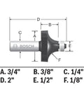 Diagram of Real Badass 1/8 Inch Radius Roundover Router Bit With Two Flute Micrograin Carbide Cutting Edges and Compact Ball Bearing Guide.