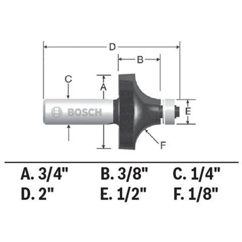 Diagram of Real Badass 1/8 Inch Radius Roundover Router Bit With Two Flute Micrograin Carbide Cutting Edges and Compact Ball Bearing Guide.