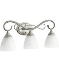 Powell Collection Transitional Three Light Vanity in Pewter Nickel Silver Finish Damp Rated for Bathrooms 23 Inch Wide Classic Nickel Highlighted Three Lamp Bath Fixture, featuring elegant curved design and white glass shades.