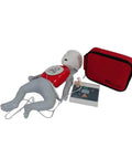 CPR training mannequin, angled view, with Practi-Trainer Essentials base and 10-pack Practi-Valve CPR valves, carry bag