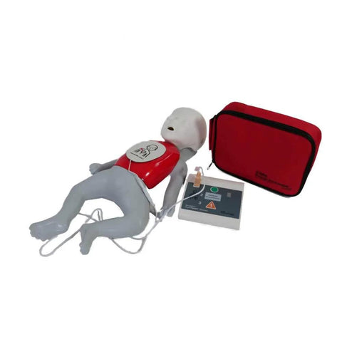 CPR training mannequin, angled view, with Practi-Trainer Essentials base and 10-pack Practi-Valve CPR valves, carry bag