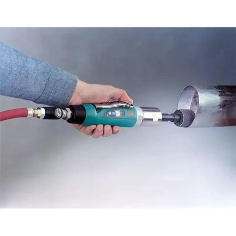 Heavy Duty Straight Line Die Grinder 1 Hp 18000 Rpm Gearless Motor With Rear Exhaust And Multi Collets in use on a metal pipe.