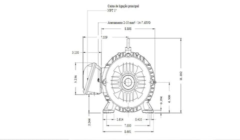 Technical drawing of Three Phase Motor 5 HP 4 Pole 182 Frame Cast Iron Housing With V Ring Seal And ZZ 6207 Bearings.