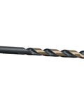 Drill America twist drill bit, side view, black and gold finish, high-speed steel