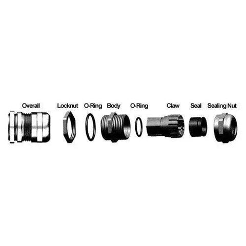 Component breakdown of Heavy Duty Metal Cable Gland With NPT Thread 1/2 Inch, Fits 0.24 To 0.48 Inch Cables