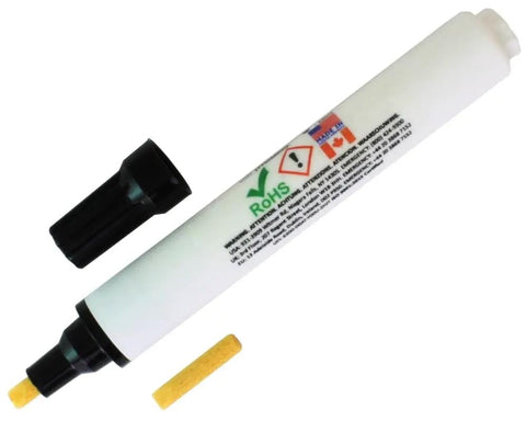 Liquid Flux No Clean Soldering Pen 10 mL No Clean Flux For Leaded And Lead Free Electronics VOC Free Multicolor Easy Flow For Quick Application And Strong Reliable Joints with black cap detached and yellow tip visible.