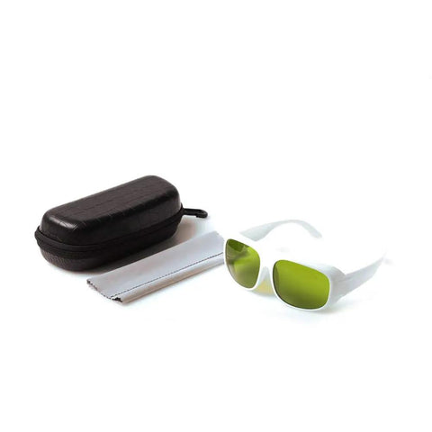 Heavy Duty 1064nm Laser Safety Glasses With Kickass Spectral Filtering For High Power Ndyag Semiconductor Operations in a case with cleaning cloth.