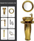 Modern 16 Inch Gold Ceramic Vessel Sink With Faucet And Drain, Sleek Pedestal Washbasin Combo Featuring High Gloss Finish, Hassle Free Clean Up, Dope Bathroom Vanity Upgrade For Fresh Room Makeover with mirror and components.