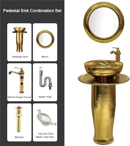Modern 16 Inch Gold Ceramic Vessel Sink With Faucet And Drain, Sleek Pedestal Washbasin Combo Featuring High Gloss Finish, Hassle Free Clean Up, Dope Bathroom Vanity Upgrade For Fresh Room Makeover with mirror and components.
