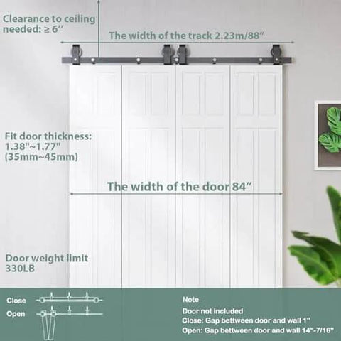 Heavy Duty Bi Folding Sliding Barn Door Hardware Kit For Four 21 Inch Panels, 88 Inch Track, Top Mount Roller System, Black Finish