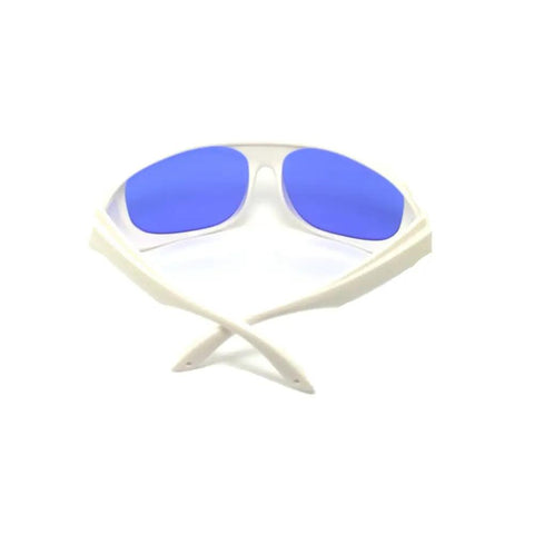 Heavy Duty Laser Safety Glasses With Top Shelf OD4 Plus Protection For Yellow Pulsed Dye Lasers And Clinical Dermatology Work Certified Eye Safety Gear For Hospitals And Labs, featuring blue lenses and white frame.