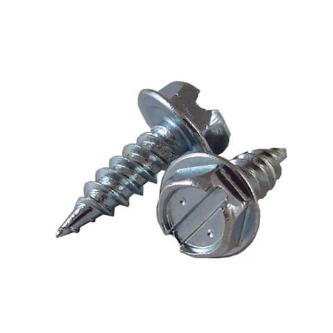Number 6 X 3 8 Hex Washer Head Slotted Sheet Metal Screws Heavy Duty HVAC Duct Fasteners in silver, showing screw head and threads.