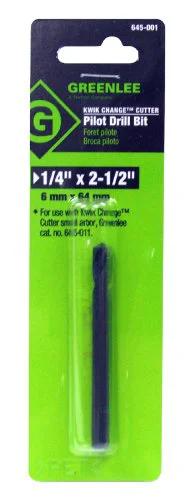 Greenlee 645-001 Kwik Change Cutter pilot drill bit, front view in blister pack, 1/4 in x 2-1/2 in for stainless steel