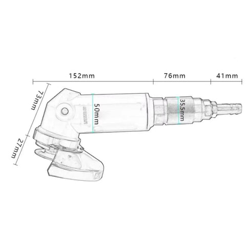 Heavy Duty 5 Inch Pneumatic Angle Grinder With 12000 RPM High Speed Rotation showing dimensions and parts for metal work.