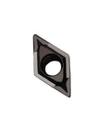 Close-up of a DCMT070204 diamond carbide turning insert, part of a Twenty Piece DCMT070204 Diamond Carbide Turning Inserts set, 55 Degree.