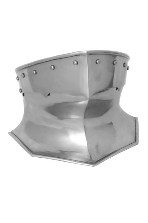 Medieval Bevor Neck Guard Armor for Cosplay and LARP, durable 18 gauge steel neck armor with realistic silver finish, angled view.