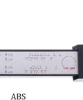 8-Lug Hub Bore Caliper with Digital LCD for Wheel Inspection measuring jaws and scale display, showcasing stainless steel and ABS materials.
