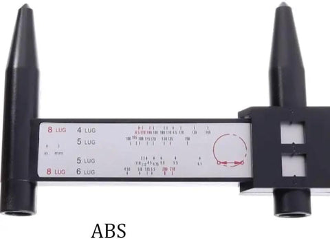 8-Lug Hub Bore Caliper with Digital LCD for Wheel Inspection measuring jaws and scale display, showcasing stainless steel and ABS materials.