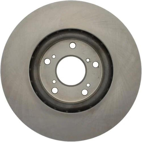 Front brake rotor with central hub and six lug holes; metallic gray steel disc.