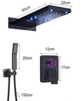 Slick Matte Black Shower System Featuring Rectangle LED Rainfall Head Wall Mount Bathroom Faucet Hardware Kit With Three Way Diverter And Dynamic Color Lights For Top Tier Home Spa Chill with dimensions shown.