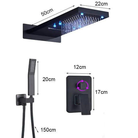 Slick Matte Black Shower System Featuring Rectangle LED Rainfall Head Wall Mount Bathroom Faucet Hardware Kit With Three Way Diverter And Dynamic Color Lights For Top Tier Home Spa Chill with dimensions shown.