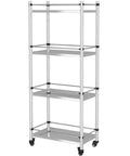 Hella Sturdy 5 Tier Metal Storage Rack With Swivel Wheels For Kitchen Or Pantry Heavy Duty Adjustable Shelving Unit, silver finish.