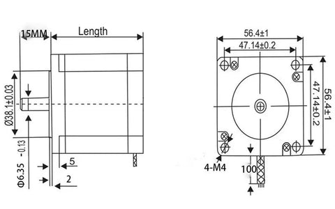 Technical drawing of Pro Grade Four Pack 56mm Stepper Motors With 1.26Nm Torque And 2.8A Current For CNC Mills Lathe Or Router Projects, 6.35mm Shaft