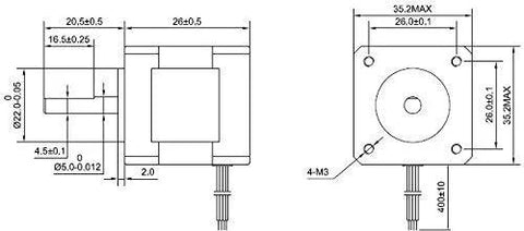 Front and side views of a NEMA 14 bipolar stepper motor with four wires and shaft