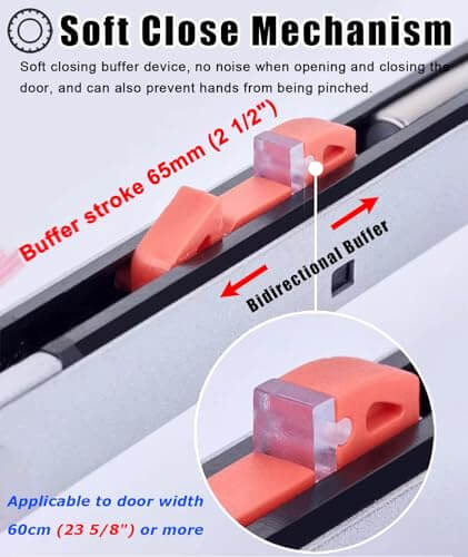 Close-up view of the soft close mechanism for the Soft Close Aluminum Sliding Door Track Kit For Kitchen And Closet With 6.2 Foot Bypass Barn Door Hardware And Top Hung Rail System For Pocket Doors No Slam Silver, showing bidirectional buffer and buffer stroke.