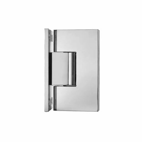Heavy Duty Glass Shower Door Hinge With Full Back Plate Polished Chrome Finish For Half Inch Tempered Glass Frameless Doors side view showing solid brass mount.