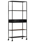 Tall Industrial Book Cabinet With Solid Mango Wood Shelves And Iron Frame, 4 Tier Rustic Display Bookcase In Black With Wheels