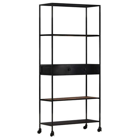 Tall Industrial Book Cabinet With Solid Mango Wood Shelves And Iron Frame, 4 Tier Rustic Display Bookcase In Black With Wheels