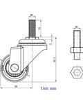 Front and side view of Norgail 1-inch swivel cart caster with M6x15mm threaded stem, soft rubber TPE; set of 4.