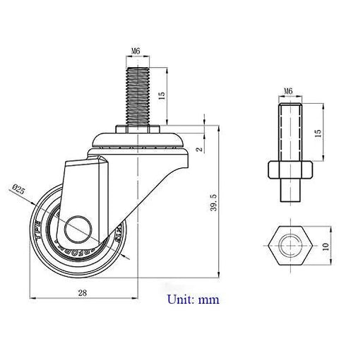 Front and side view of Norgail 1-inch swivel cart caster with M6x15mm threaded stem, soft rubber TPE; set of 4.