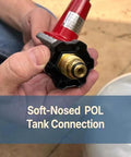 Soft-nosed POL connection for adjustable LPG regulator for BBQ grills being held in hand