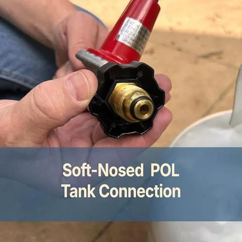 Soft-nosed POL connection for adjustable LPG regulator for BBQ grills being held in hand