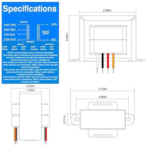 Specifications and dimensions of 24V 50VA Control Transformer For HVAC Furnaces With Isolation Multi Tap Primary 120V 208V 240V And 24V Secondary Top Notch Power For Heating And Control Systems Easy Replacement.