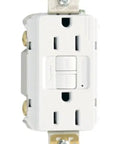 Radiant 15 Amp GFCI Self-Test Decorator Duplex Wall Outlet White with Trip Indicator LED for kitchens, bathrooms, and laundry rooms.