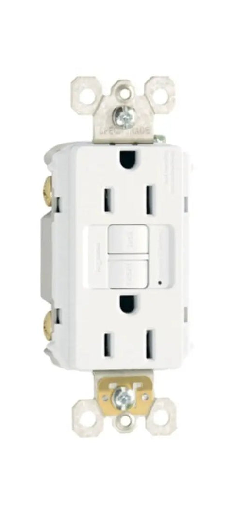 Radiant 15 Amp GFCI Self-Test Decorator Duplex Wall Outlet White with Trip Indicator LED for kitchens, bathrooms, and laundry rooms.